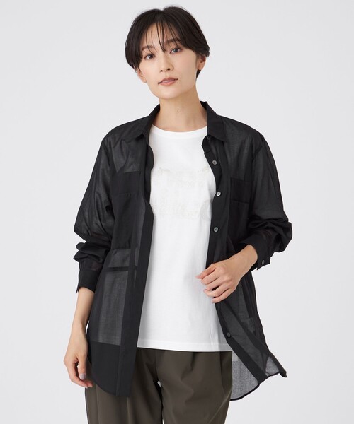 EVEX by KRIZIA(エヴェックスバイクリツィア)の「【接触冷感】【ウォッシャブル】シアーボイルロングシャツ(シャツ/ブラウス・レディース・ベージュ/ブラック・40)」の1枚目の写真