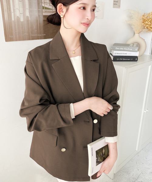 美品/2XL◆チルコロ【現行タグ/秋カラー：カーキ◆テーラードジャケット】伸縮性 マットゴールド釦ダブルテーラードジャケット（テーラードジャケット