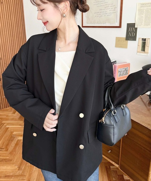 moment+（モーメントプラス）の「マットゴールド釦ダブルテーラードジャケット（テーラードジャケット・レディース・ブラック/ベージュ/ブラウン/ネイビー・M/L）」の6枚目の写真