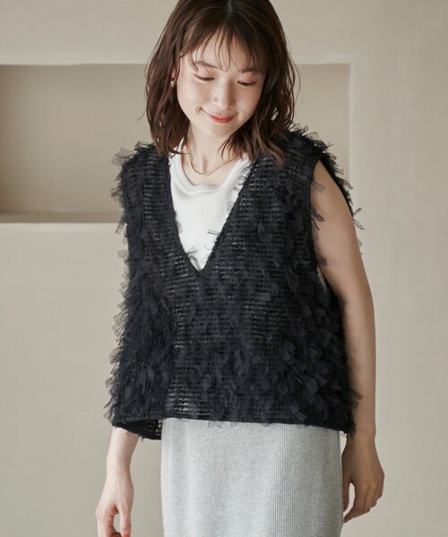 coen（コーエン）の「リボンチュール 2wayベスト（ベスト・レディース・ブラック/オフホワイト・FREE）」の2枚目の写真
