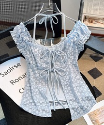 Chiina / キャミソールSet パフスリーブ レースブラウス ビスチェ