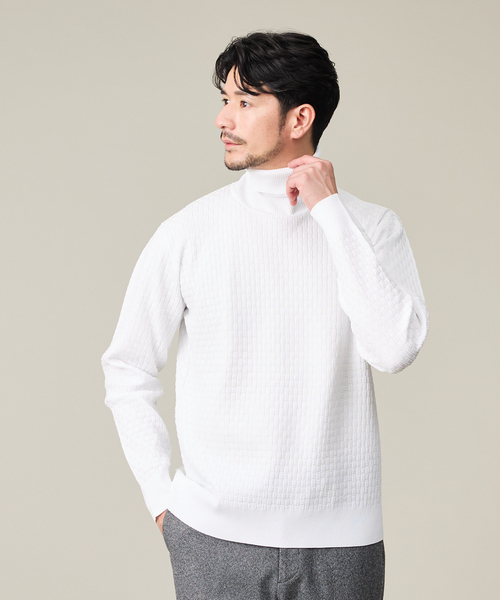 ABAHOUSE GRAY（アバハウスグレイ）の「【ハイストレッチ】ブロックチェック ジャガード タートルネック ニット（ニット/セーター・メンズ・グレイッシュベージュ/モカ/ネイビー/ブラック/ホワイト・46/48/50）」の2枚目の写真