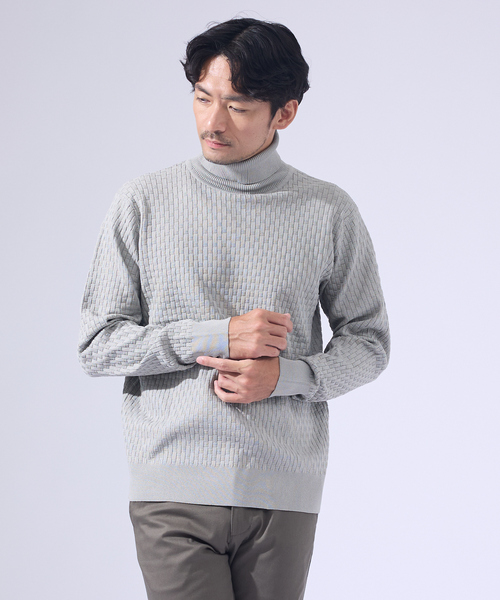 ABAHOUSE GRAY（アバハウスグレイ）の「【ハイストレッチ】ブロックチェック ジャガード タートルネック ニット（ニット/セーター・メンズ・グレイッシュベージュ/モカ/ネイビー/ブラック/ホワイト・46/48/50）」の4枚目の写真