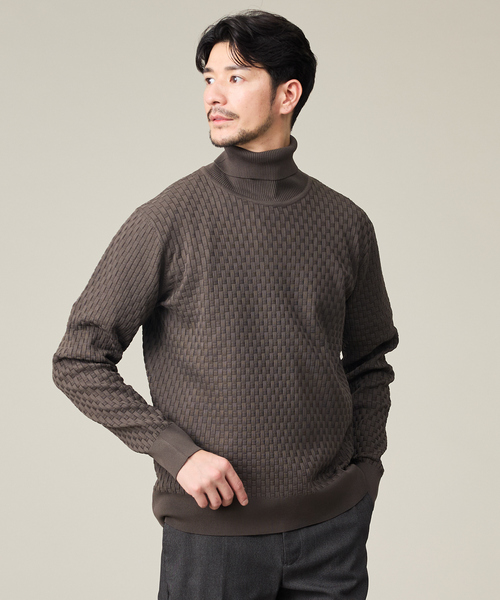 ハイストレッチ】ブロックチェック ジャガード タートルネック ニット