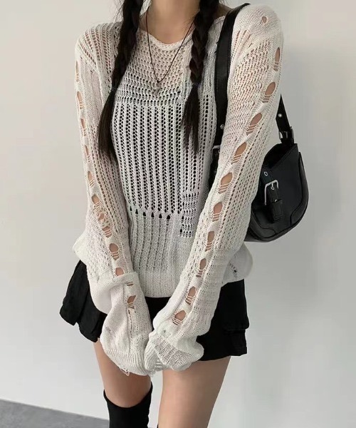 yuue' ( wear )(ユーイ)の「透かし編みダメージルーズニットトップス(ニット/セーター・レディース・ホワイト/ブラック・FREE)」の2枚目の写真