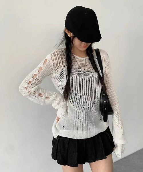 yuue' ( wear )(ユーイ)の「透かし編みダメージルーズニットトップス(ニット/セーター・レディース・ホワイト/ブラック・FREE)」の8枚目の写真
