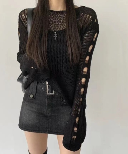 yuue' ( wear )(ユーイ)の「透かし編みダメージルーズニットトップス(ニット/セーター・レディース・ホワイト/ブラック・FREE)」の14枚目の写真