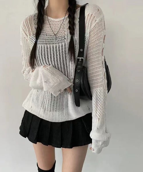 yuue' ( wear )(ユーイ)の「透かし編みダメージルーズニットトップス(ニット/セーター・レディース・ホワイト/ブラック・FREE)」の5枚目の写真