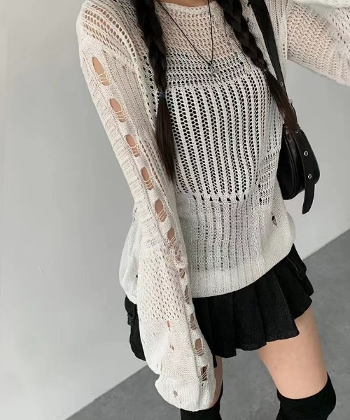 yuue' ( wear )(ユーイ)の「透かし編みダメージルーズニットトップス(ニット/セーター・レディース・ホワイト/ブラック・FREE)」の6枚目の写真