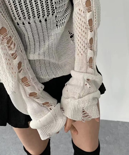 yuue' ( wear )(ユーイ)の「透かし編みダメージルーズニットトップス(ニット/セーター・レディース・ホワイト/ブラック・FREE)」の7枚目の写真