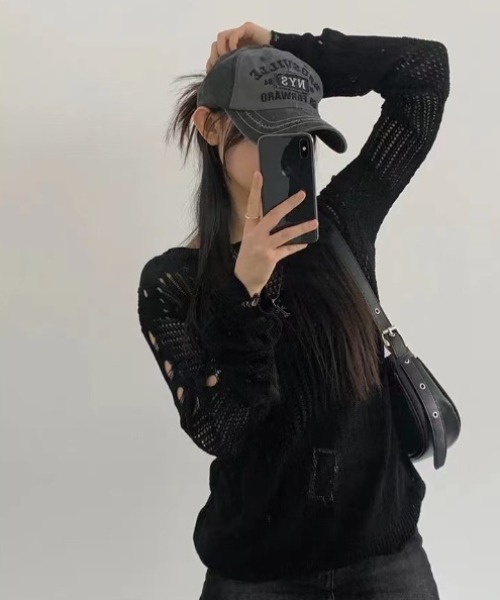 yuue' ( wear )(ユーイ)の「透かし編みダメージルーズニットトップス(ニット/セーター・レディース・ホワイト/ブラック・FREE)」の3枚目の写真