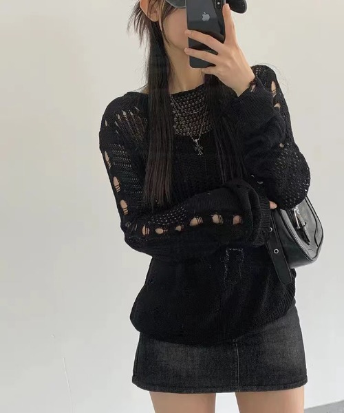 yuue' ( wear )(ユーイ)の「透かし編みダメージルーズニットトップス(ニット/セーター・レディース・ホワイト/ブラック・FREE)」の4枚目の写真