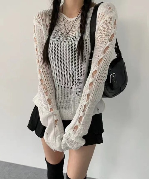 yuue' ( wear )(ユーイ)の「透かし編みダメージルーズニットトップス(ニット/セーター・レディース・ホワイト/ブラック・FREE)」の10枚目の写真