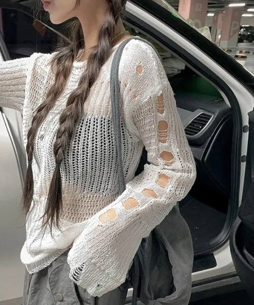 yuue' ( wear )(ユーイ)の「透かし編みダメージルーズニットトップス(ニット/セーター・レディース・ホワイト/ブラック・FREE)」の11枚目の写真