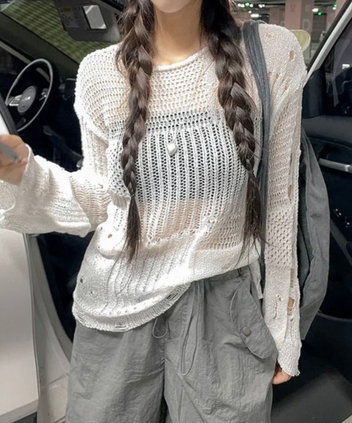 yuue' ( wear )(ユーイ)の「透かし編みダメージルーズニットトップス(ニット/セーター・レディース・ホワイト/ブラック・FREE)」の12枚目の写真