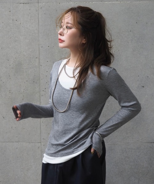 LAULEN(ローレン)の「wool blend layered tops /ウールブレンドレイヤードトップス(Tシャツ/カットソー・レディース・グレー/ブラック・FREE)」の1枚目の写真