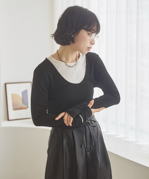 LAULEN(ローレン)の「wool blend layered tops /ウールブレンドレイヤードトップス(Tシャツ/カットソー・レディース・グレー/ブラック・FREE)」の2枚目の写真