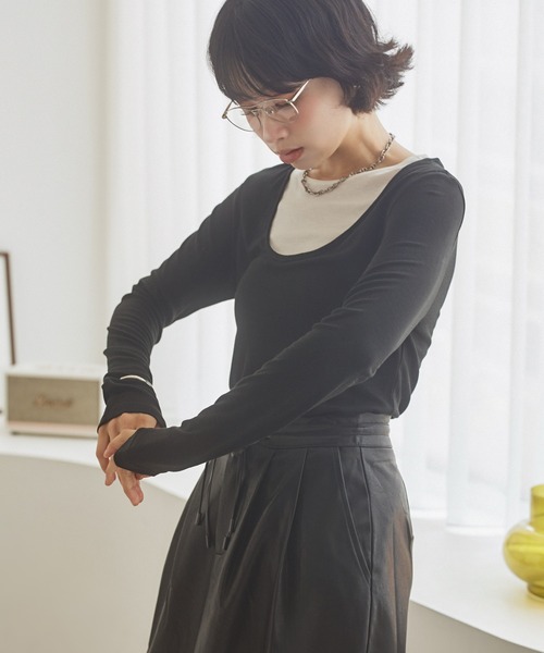 LAULEN(ローレン)の「wool blend layered tops /ウールブレンドレイヤードトップス(Tシャツ/カットソー・レディース・グレー/ブラック・FREE)」の4枚目の写真
