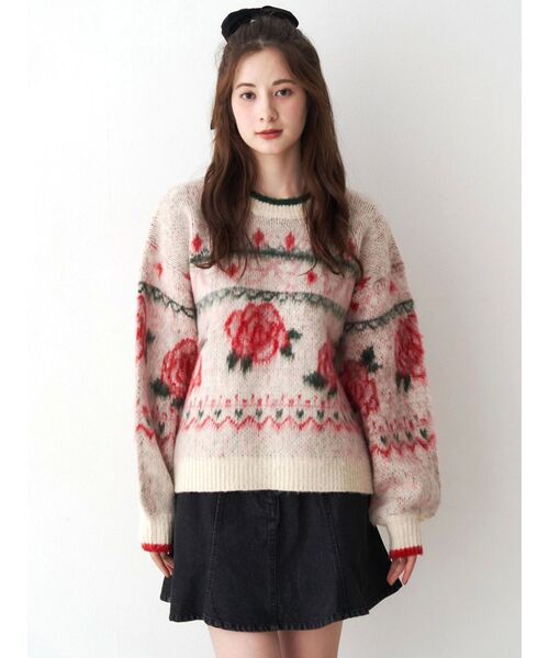 CALNAMUR ローズ&リボンジャガードニット ローズ＆リボンジャガードニット（ニット/セーター）｜CALNAMUR