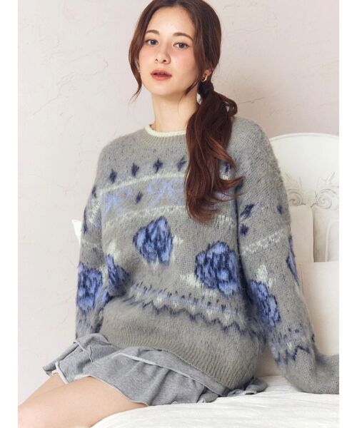 CALNAMUR（カルナムール）の「ローズ＆リボンジャガードニット（ニット/セーター・レディース・グレー/ネイビー/ホワイト・FREE）」の6枚目の写真