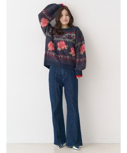 新品＊CALNAMUR ローズ＆リボンジャガードニット FREEネイビー セール】ローズ＆リボンジャガードニット（ニット/セーター