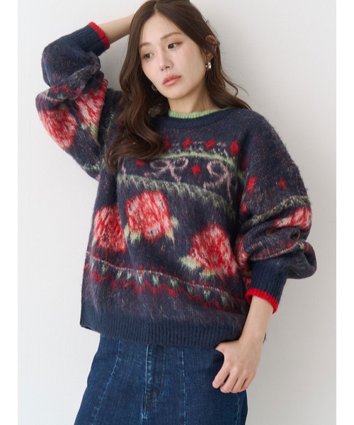 CALNAMUR ニット セーター セール】ローズ＆リボンジャガードニット（ニット/セーター