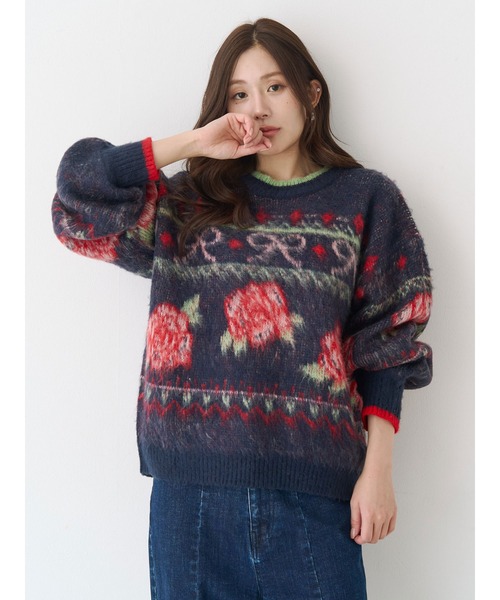 ローズ＆リボンジャガードニット（ニット/セーター）｜CALNAMUR