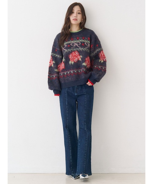 カルナムール　ローズ＆リボンジャガードニット　ネイビー ローズ＆リボンジャガードニット（ニット/セーター）｜CALNAMUR