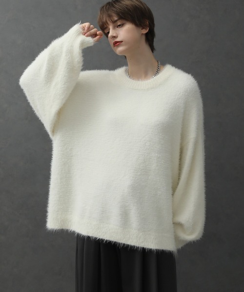 【新品タグ付き】Sov. バルーンスリーブニットトップス 白 2024年モデル ELLUV/エルヴ】ヘビーシャギーファブリック バルーンスリーブ