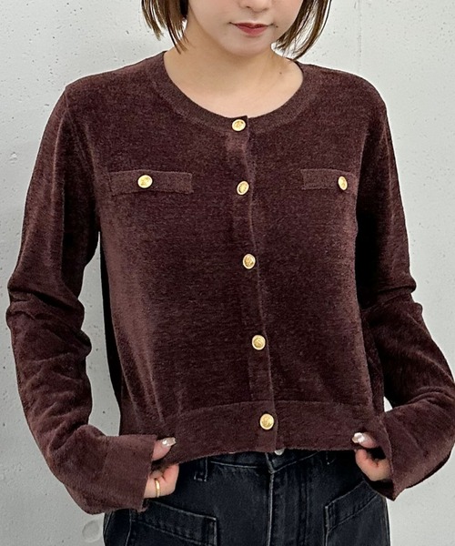 セール】ベロアライク金ボタンニットカーディガン（カーディガン