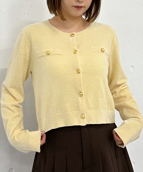 バブリー　昭和　ベロア　金ボタン　ジャケットカーディガン　緑　ゴールド　派手 セール】ベロアライク金ボタンニットカーディガン（カーディガン