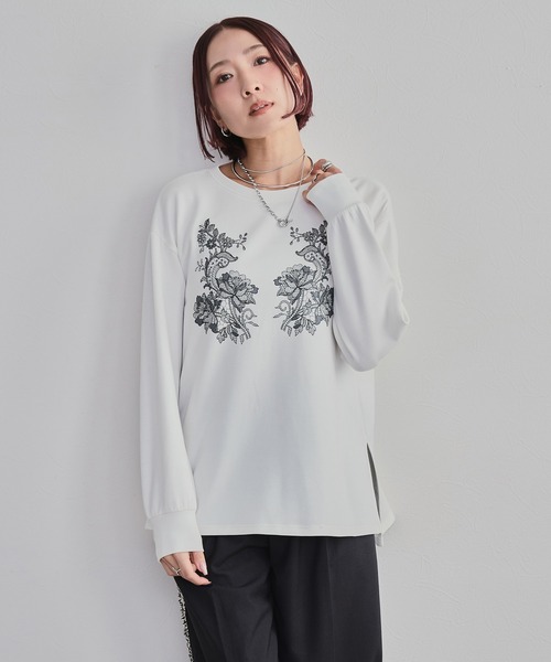 LHELBIE（レルビエ）の「レースプリントロンT（Tシャツ/カットソー・レディース・オフホワイト/チャコールグレー・M）」の7枚目の写真