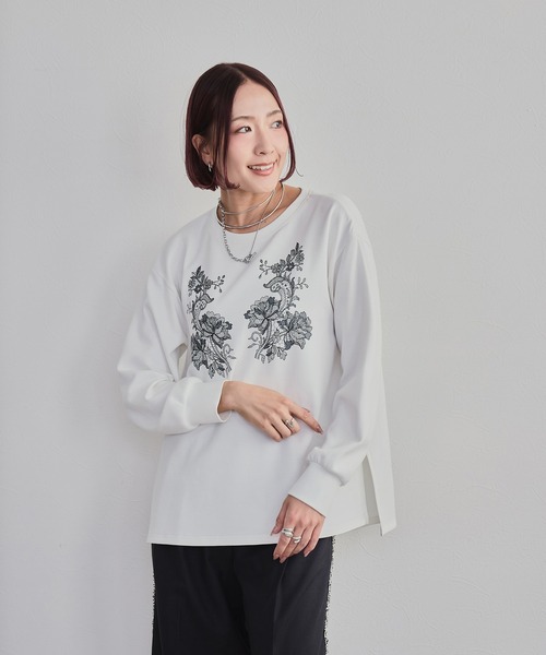 LHELBIE（レルビエ）の「レースプリントロンT（Tシャツ/カットソー・レディース・オフホワイト/チャコールグレー・M）」の8枚目の写真