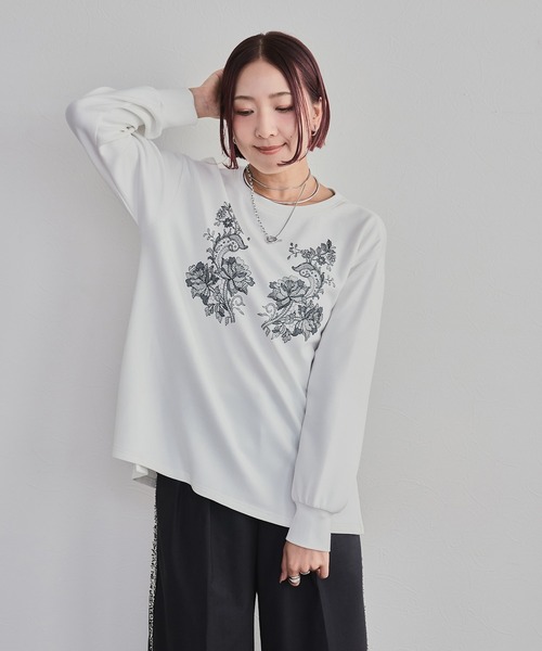 LHELBIE（レルビエ）の「レースプリントロンT（Tシャツ/カットソー・レディース・オフホワイト/チャコールグレー・M）」の9枚目の写真