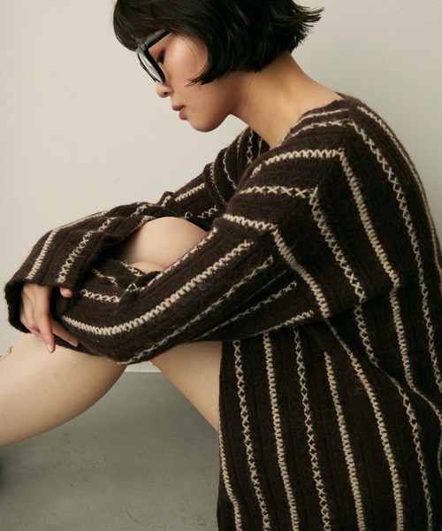 セール】stripe over knit cardigan / ストライプニットカーディガン