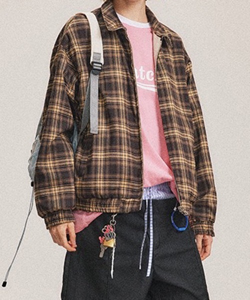 VIBGYOR(ヴィブジョー)の「リバーシブルチェック柄 ビッグシルエットブルゾン/韓国ストリートファッション ユニセックス 秋冬(CZ)(その他アウター・レディース・ブラウン・L/M)」の1枚目の写真