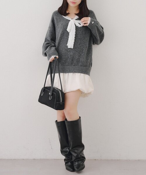 continuer de NICE CLAUP（コンティニューデナイスクラップ）の「【Ribbon Collection】レース裾バルーンミニワンピース（ワンピース・レディース・ブラウン/サックスブルー/チャコールグレー/グレー・FREE）」の9枚目の写真