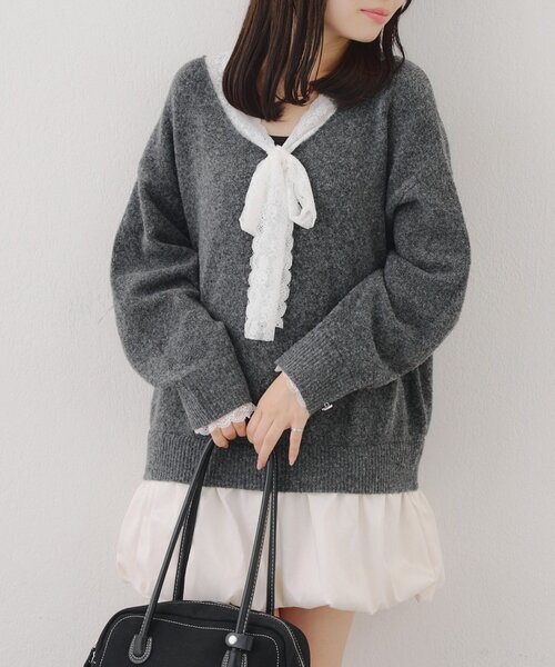 continuer de NICE CLAUP（コンティニューデナイスクラップ）の「【Ribbon Collection】レース裾バルーンミニワンピース（ワンピース・レディース・ブラウン/サックスブルー/チャコールグレー/グレー・FREE）」の10枚目の写真