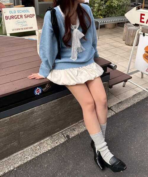 continuer de NICE CLAUP（コンティニューデナイスクラップ）の「【Ribbon Collection】レース裾バルーンミニワンピース（ワンピース・レディース・ブラウン/サックスブルー/チャコールグレー/グレー・FREE）」の13枚目の写真