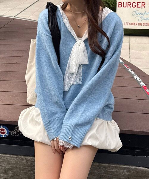 continuer de NICE CLAUP（コンティニューデナイスクラップ）の「【Ribbon Collection】レース裾バルーンミニワンピース（ワンピース・レディース・ブラウン/サックスブルー/チャコールグレー/グレー・FREE）」の14枚目の写真