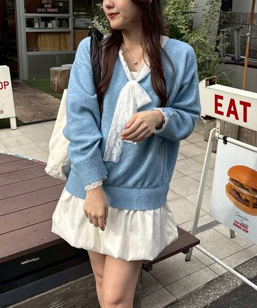 continuer de NICE CLAUP（コンティニューデナイスクラップ）の「【Ribbon Collection】レース裾バルーンミニワンピース（ワンピース・レディース・ブラウン/サックスブルー/チャコールグレー/グレー・FREE）」の15枚目の写真