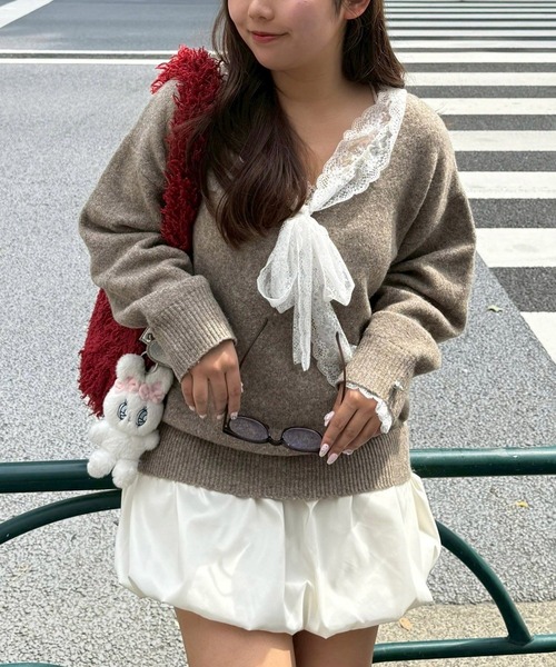 continuer de NICE CLAUP（コンティニューデナイスクラップ）の「【Ribbon Collection】レース裾バルーンミニワンピース（ワンピース・レディース・ブラウン/サックスブルー/チャコールグレー/グレー・FREE）」の3枚目の写真