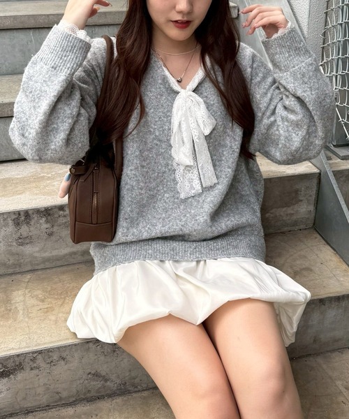 continuer de NICE CLAUP（コンティニューデナイスクラップ）の「【Ribbon Collection】レース裾バルーンミニワンピース（ワンピース・レディース・ブラウン/サックスブルー/チャコールグレー/グレー・FREE）」の2枚目の写真