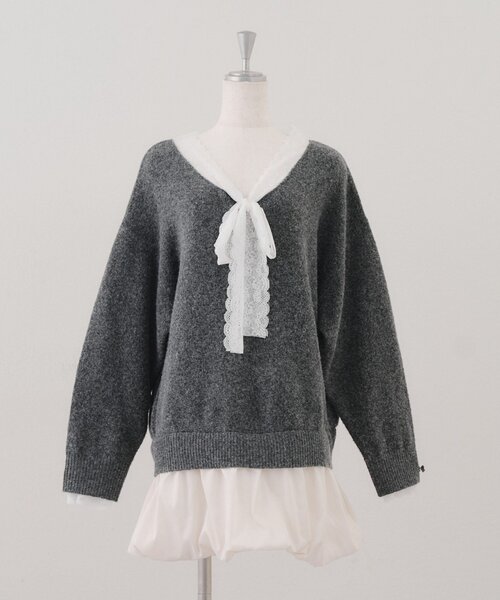 continuer de NICE CLAUP（コンティニューデナイスクラップ）の「【Ribbon Collection】レース裾バルーンミニワンピース（ワンピース・レディース・ブラウン/サックスブルー/チャコールグレー/グレー・FREE）」の5枚目の写真