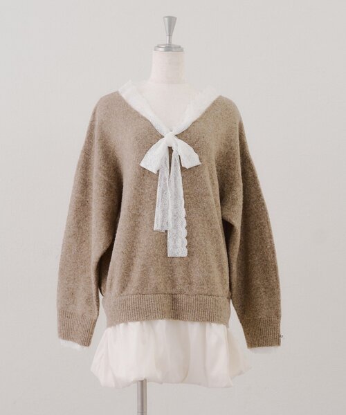 continuer de NICE CLAUP（コンティニューデナイスクラップ）の「【Ribbon Collection】レース裾バルーンミニワンピース（ワンピース・レディース・ブラウン/サックスブルー/チャコールグレー/グレー・FREE）」の6枚目の写真