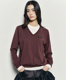 LAYERED ROUND V NECK KNIT_BROWN