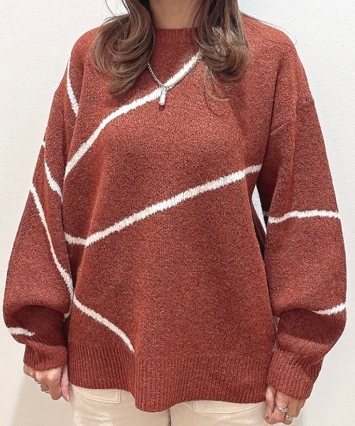 Right-on(ライトオン)の「HONEYSUCKLE ROSE(ハニーサックルローズ)【レディース】ヘンケイライン柄セーター(ニット/セーター・レディース・ダークグレー/オレンジ/ライトグレー・S/M/L)」の14枚目の写真
