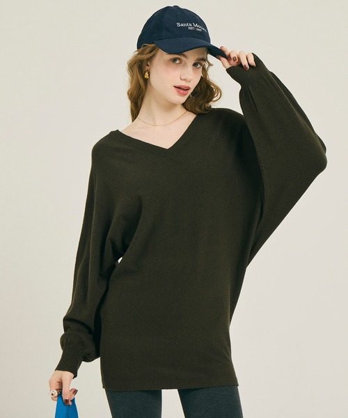 coca（coca）（コカ）の「Vネックニットチュニック（チュニック・レディース・ブラック/カーキ・L/M/S）」の2枚目の写真