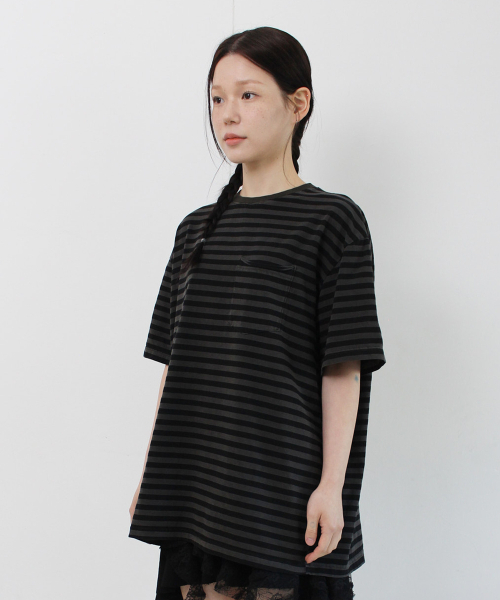 PARAKEET(パラキート)の「ストライプヴィンテージポケットダメージTシャツ(ウォッシュドブラック)(Tシャツ/カットソー・レディース・ブラック・SMALL/MEDIUM)」の5枚目の写真