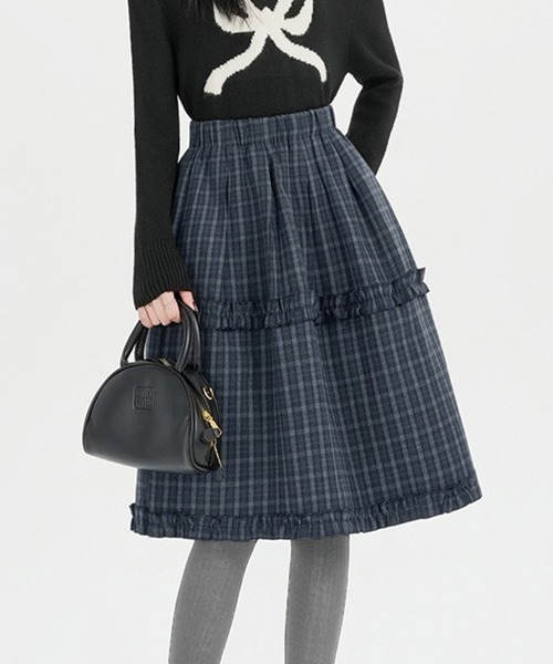 Nia（ニア）の「Nia(ニア)/チェック切り替えミディアムスカート（スカート・レディース・ネイビー/ブラウン・FREE）」の2枚目の写真